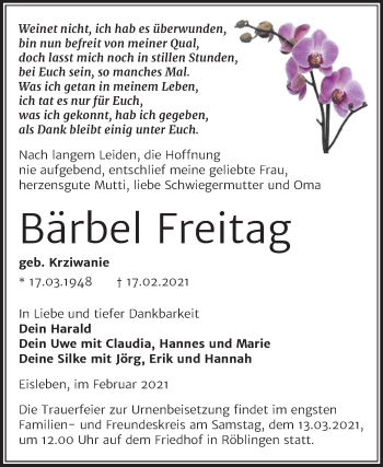 Traueranzeige von Bärbel Freitag von Mitteldeutsche Zeitung Mansfelder Land
