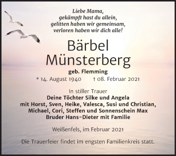 Traueranzeige von Bärbel Münsterberg von Super Sonntag Weißenfels