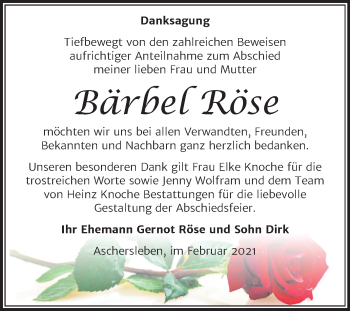 Traueranzeige von Bärbel Röse von Mitteldeutsche Zeitung Aschersleben