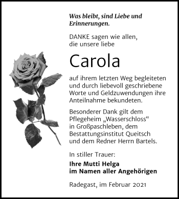 Traueranzeige von Carola  von Mitteldeutsche Zeitung Köthen