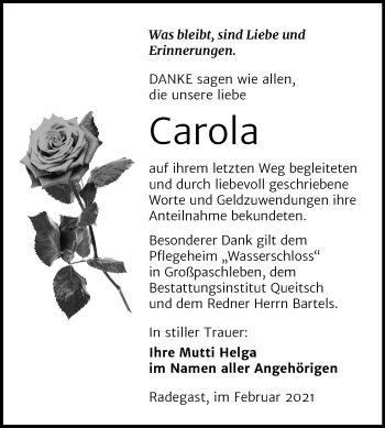 Traueranzeige von Carola  von Super Sonntag Köthen