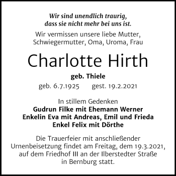 Traueranzeige von Charlotte Hirth von Mitteldeutsche Zeitung Bernburg