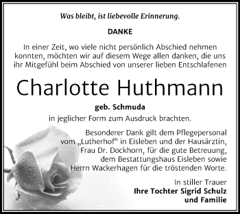 Traueranzeige von Charlotte Huthmann von Mitteldeutsche Zeitung Mansfelder Land