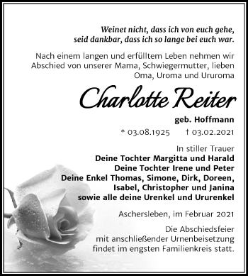 Traueranzeige von Charlotte Reiter von Mitteldeutsche Zeitung Aschersleben