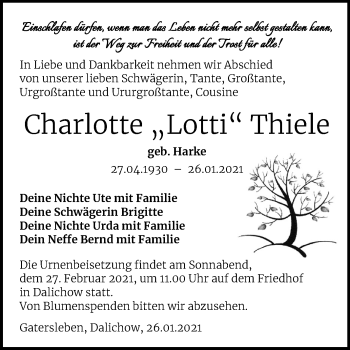 Traueranzeige von Charlotte Thiele von Mitteldeutsche Zeitung Aschersleben
