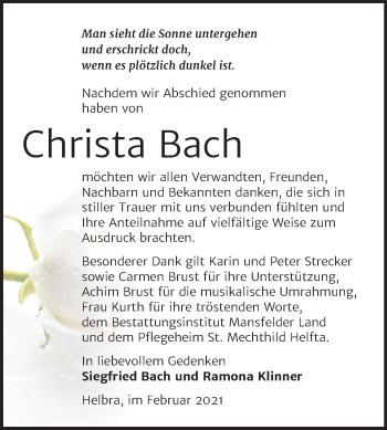Traueranzeige von Christa Bach von Mitteldeutsche Zeitung Mansfelder Land