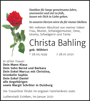 Traueranzeige von Christa Bahling von Mitteldeutsche Zeitung Mansfelder Land