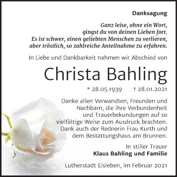 Traueranzeige von Christa Bahling von Mitteldeutsche Zeitung Mansfelder Land