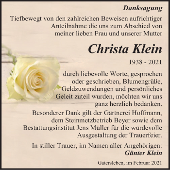 Traueranzeige von Christa Klein von Mitteldeutsche Zeitung Aschersleben