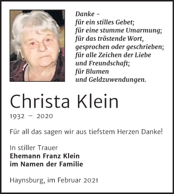 Traueranzeige von Christa Klein von Super Sonntag Zeitz