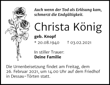 Traueranzeige von Christa König von Mitteldeutsche Zeitung Dessau-Roßlau