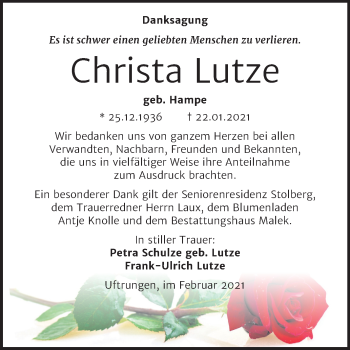 Traueranzeige von Christa Lutze von Mitteldeutsche Zeitung Sangerhausen
