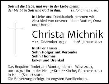 Traueranzeige von Christa Michnik von Mitteldeutsche Zeitung Halle/Saalkreis