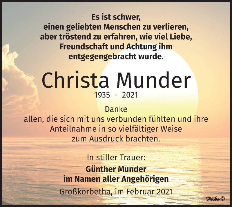  Traueranzeige für Christa Munder vom 13.02.2021 aus Mitteldeutsche Zeitung Weißenfels