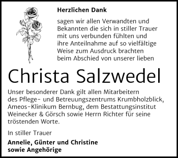 Traueranzeige von Christa Salzwedel von Mitteldeutsche Zeitung Bernburg