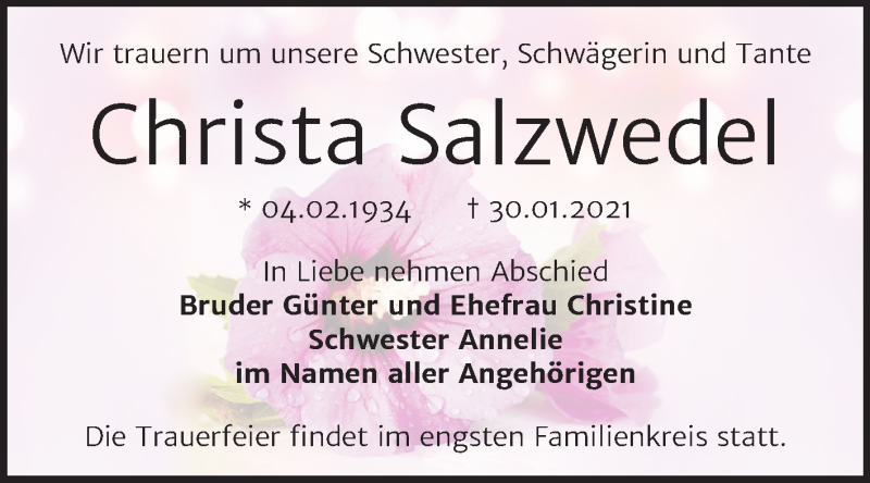  Traueranzeige für Christa Salzwedel vom 06.02.2021 aus Super Sonntag Bernburg