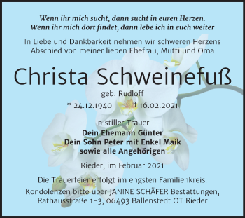 Traueranzeige von Christa Schweinefuß von Mitteldeutsche Zeitung Quedlinburg