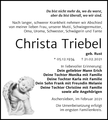 Traueranzeige von Christa Triebet von Mitteldeutsche Zeitung Aschersleben