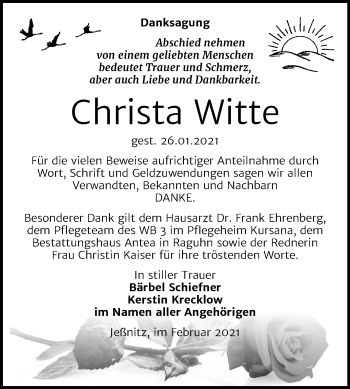 Traueranzeige von Christa Witte von Mitteldeutsche Zeitung Bitterfeld