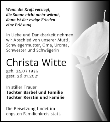 Traueranzeige von Christa Witte von Mitteldeutsche Zeitung Bitterfeld
