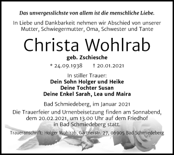 Traueranzeige von Christa Wohlrab von Mitteldeutsche Zeitung Wittenberg