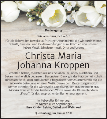 Traueranzeige von Christa Maria Johanna Kroppen von Mitteldeutsche Zeitung Quedlinburg