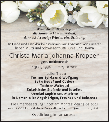 Traueranzeige von Christa Maria Johanna Kroppen von Super Sonntag Quedlinburg