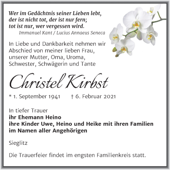 Traueranzeige von Christel Kirbst von Mitteldeutsche Zeitung Naumburg/Nebra