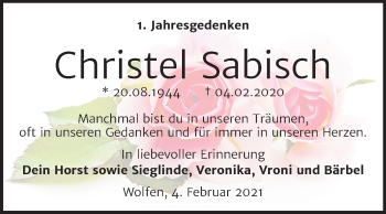 Traueranzeige von Christel Sabisch von Mitteldeutsche Zeitung Bitterfeld