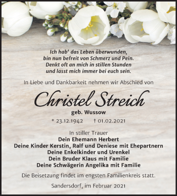 Traueranzeige von Christel Streich von Mitteldeutsche Zeitung Bitterfeld