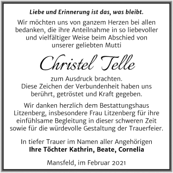 Traueranzeige von Christel Telle von Super Sonntag Mansfelder Land