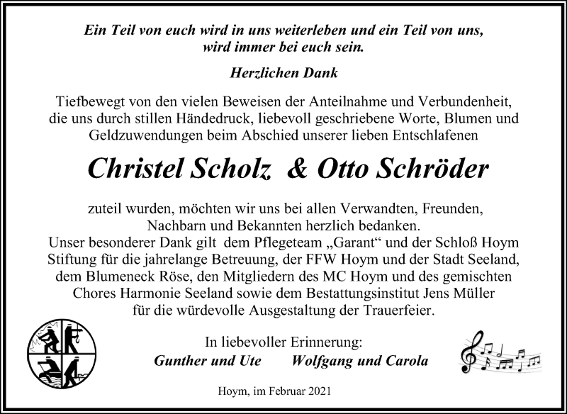  Traueranzeige für Christel und Otto Schröder vom 27.02.2021 aus Mitteldeutsche Zeitung Aschersleben