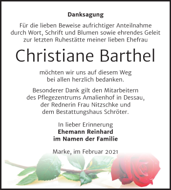 Traueranzeige von Christiane Barthel von Mitteldeutsche Zeitung Bitterfeld