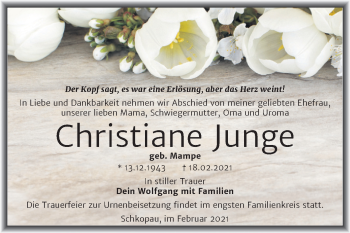 Traueranzeige von Christiane Junge von Mitteldeutsche Zeitung Merseburg/Querfurt