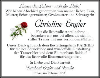 Traueranzeige von Christine Engler von Mitteldeutsche Zeitung Aschersleben