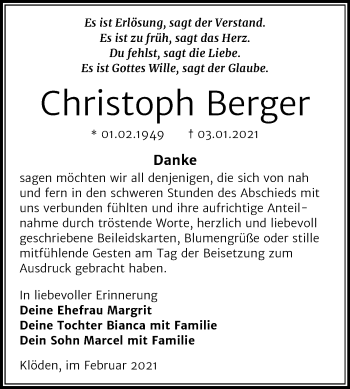 Traueranzeige von Christoph Berger von Mitteldeutsche Zeitung Wittenberg
