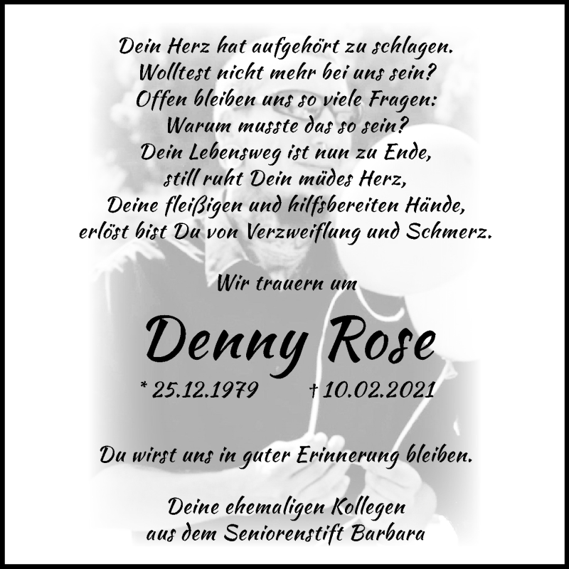  Traueranzeige für Denny Rose vom 27.02.2021 aus Mitteldeutsche Zeitung Wittenberg