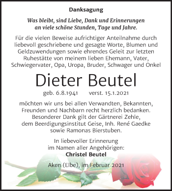 Traueranzeige von Dieter Beutel von Mitteldeutsche Zeitung Köthen