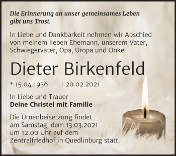 Traueranzeige von Dieter Birkenfeld von Mitteldeutsche Zeitung Quedlinburg