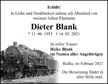 Traueranzeige von Dieter Blank von Mitteldeutsche Zeitung Sangerhausen