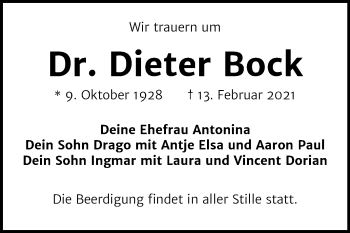 Traueranzeige von Dieter Bock von Mitteldeutsche Zeitung Halle/Saalkreis