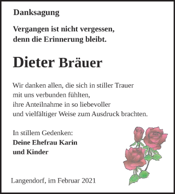 Traueranzeige von Dieter Bräuer von Super Sonntag Weißenfels