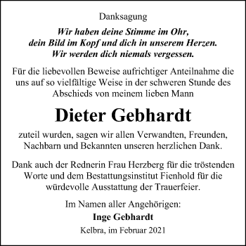 Traueranzeige von Dieter Gebhardt von Mitteldeutsche Zeitung Sangerhausen