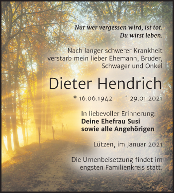 Traueranzeige von Dieter Hendrich von Super Sonntag Weißenfels