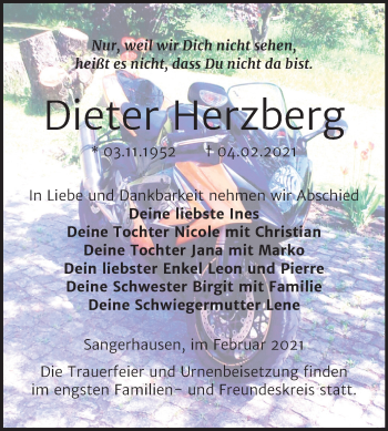 Traueranzeige von Dieter Herzberg von Super Sonntag Sangerhausen