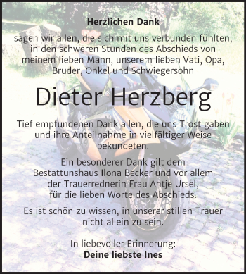 Traueranzeige von Dieter Herzberg von Mitteldeutsche Zeitung Sangerhausen