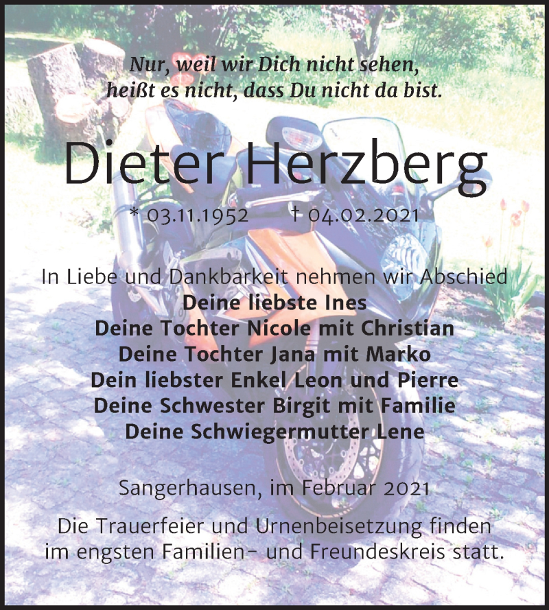 Traueranzeige für Dieter Herzberg vom 13.02.2021 aus Super Sonntag Sangerhausen