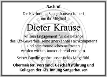 Traueranzeige von Dieter Krause von Mitteldeutsche Zeitung Sangerhausen