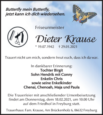 Traueranzeige von Dieter Krause von Super Sonntag Naumburg/Nebra