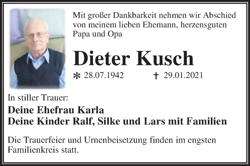  Traueranzeige für Dieter Kusch vom 06.02.2021 aus Super Sonntag Wittenberg